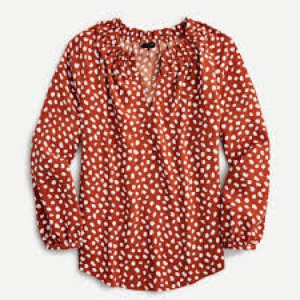 J. Crew (sz Small) Burnt orange long sleeve,  ruffle neck blouse